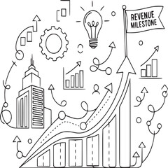 Hand-drawn revenue milestone growth chart with cityscape and business icons illustration