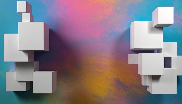 Floating white 3D cubes arranged in staggered pattern against vibrant gradient background shifting blue, pink, purple hues, shadows adding depth, symbolizing abstract geometry and modern dynamic compo