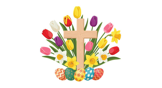 A wooden cross is beautifully framed by a lush bouquet of vibrant tulips and daffodils with decorative painted Easter eggs resting at the base on white floor.