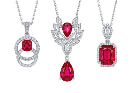 Four exquisite sterling silver ruby and diamond necklaces, macro flat lay on a transparent background with soft studio lighting, showcasing cushion and pear cut gems. Concept of luxurious jewelry