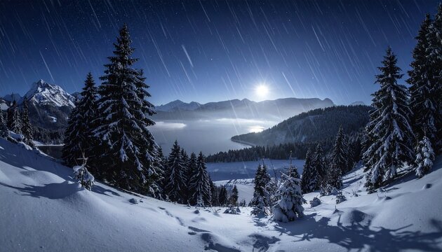 Wide scenic winter landscape with snow-covered ground, trees, and hills, patches of grass visible, clear blue sky with scattered clouds and falling snowflakes, symbolizing serene snowy countryside bea