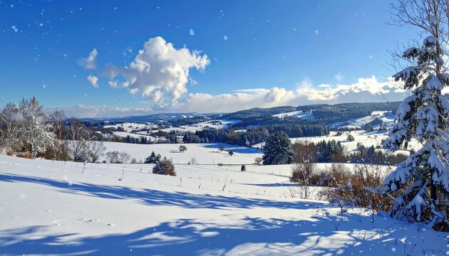 Wide scenic winter landscape with snow-covered ground, trees, and hills, patches of grass visible, clear blue sky with scattered clouds and falling snowflakes, symbolizing serene snowy countryside bea