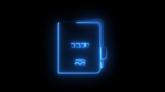 Neon notebook diary icon with lock on dark background, secure data privacy journal concept animation.