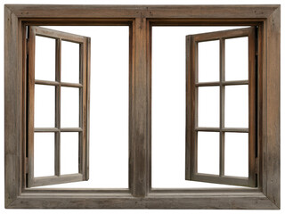 Fototapeta premium Old wooden window frame with two open casements isolated on a white background isolated on a transparent background