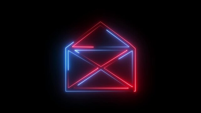 Neon envelope mail icon with red and blue glow on dark background, email communication concept animation.