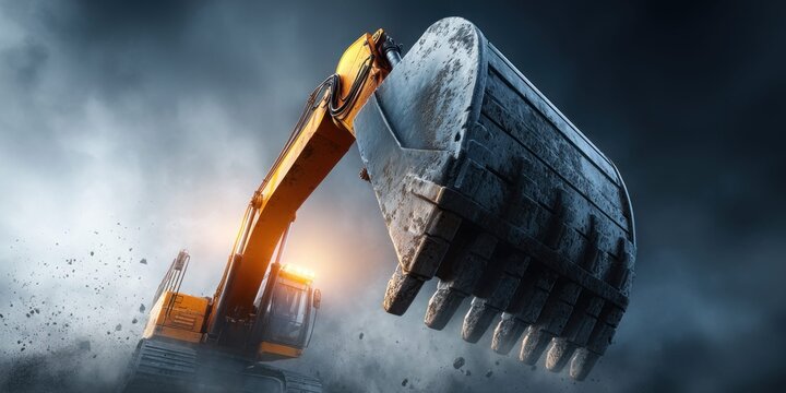 Heavy-duty excavator arm and bucket in motion, dramatic lighting and dust