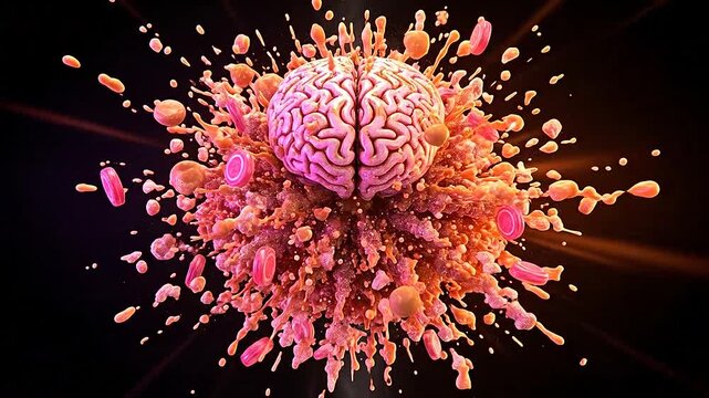 A conceptual illustration of a human brain exploding with vibrant energy and particles