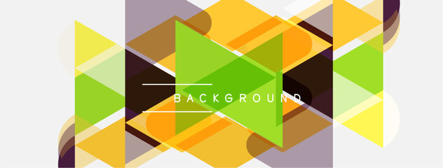 Obraz na płótnie Canvas Abstract geometric shapes overlap. Colors include yellow, green, brown, purple. Design features lines, triangles, rectangles. Modern aesthetic.
