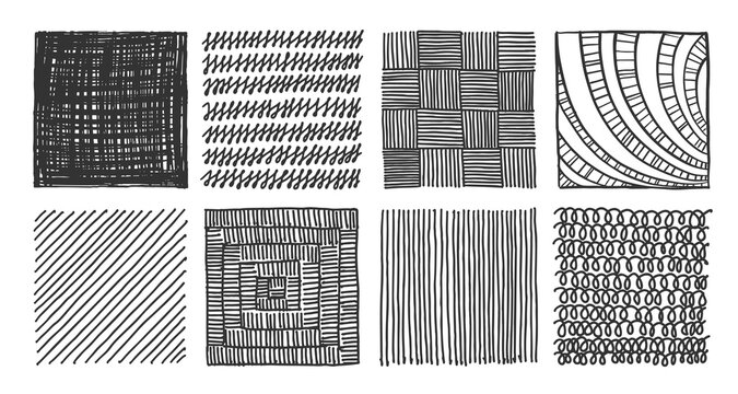Hand drawn crosshatch patterns with pencil sketches and line textures, set vector illustration. Diagonal and parallel stripes, chessboard strokes or spiral scribble, linear ink scratch, simple doodle