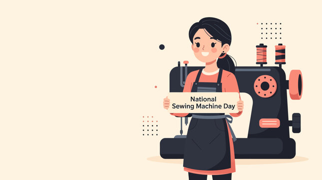 Woman and sewing machine holding celebratory sign for handmade creation. Flat vector art, warm pastel palette. Isolated with copy space.