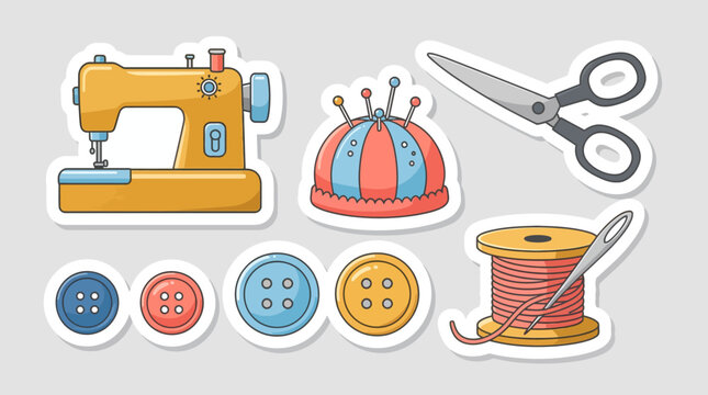 Sewing Machine, Buttons, Thread, Scissors, Pincushion, Needle, Craft Supplies. Tailoring & Creative Handmade Hobby. Flat Design, Vibrant Cartoon Style. Isolated Sticker Icons, White Outline.