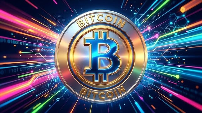 A vibrant, futuristic illustration of a large Bitcoin logo emits glowing lines of pink, blue, and green against a dark background, symbolizing cryptocurrency and digital finance innovation.