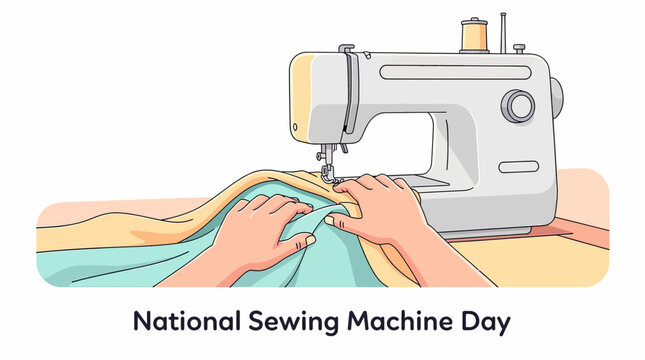 Hands guiding pastel fabric under a modern sewing machine needle, symbolizing craftsmanship and DIY creativity in a clean flat line art illustration with soft colors, isolated on white.