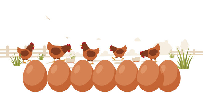 Seven fresh brown eggs are arranged in a neat horizontal row before a group of five brown chickens wandering in a rustic fenced farmyard environment.