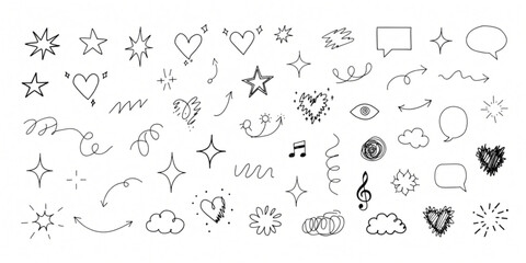 Fototapeta premium A collection of various doodle icons and symbols including hearts stars and speech bubbles floating on a white background.