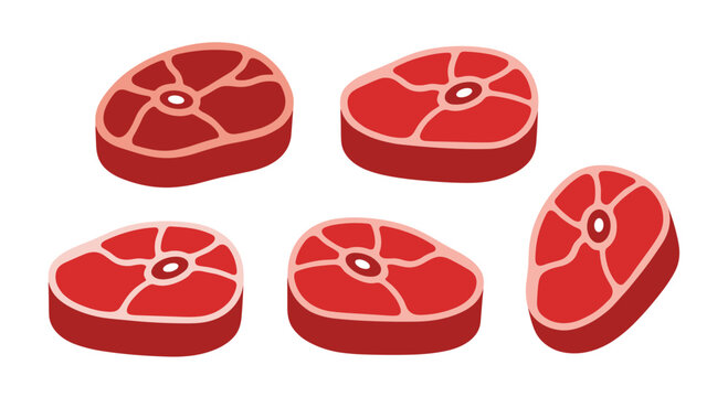 Five raw circular beef steak portions with visible white marbling and central bones are arranged in a scattered group on a clean white background surface.