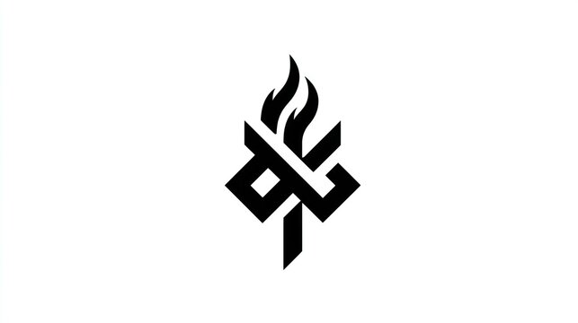 Stylized emblem features interwoven shapes rising to flame, creating a sleek, modern design