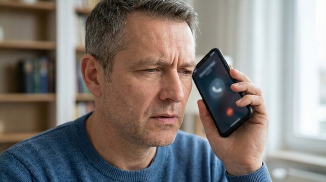 German middle aged man reacting to suspicious vishing phone call