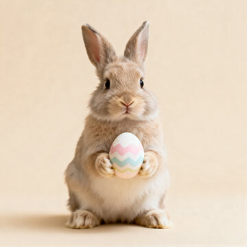 Adorable brown bunny holding a colorful painted Easter egg on a beige studio background for spring celebration.