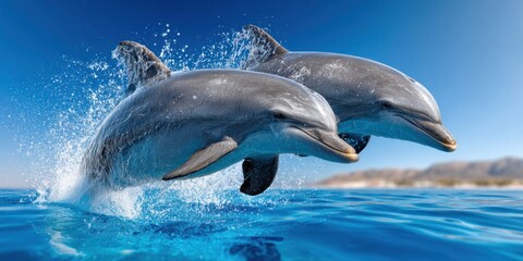 Fototapeta premium Two playful dolphins leaping out of the ocean water with splashes and clear blue sky