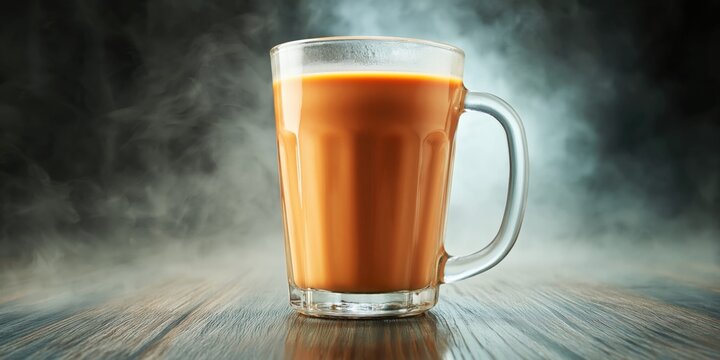 Traditional Malaysian pulled milk tea, pulled tea, served hot in a glass mug with steam rising