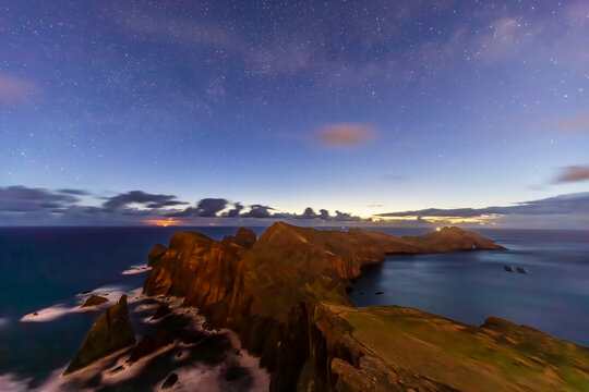 Starry sky before sunrise at Miradouro do Abismo Madeira Portugal