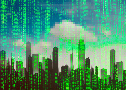 Digital city skyline with computer code and matrix effect concept