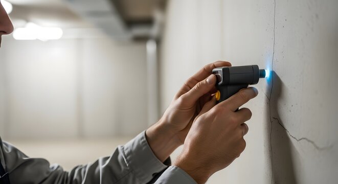 Building inspector examining concrete wall for damage with advanced detection tool