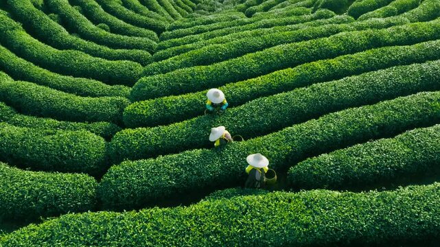 Tea Picking Workers in Lush Green Tea Fields