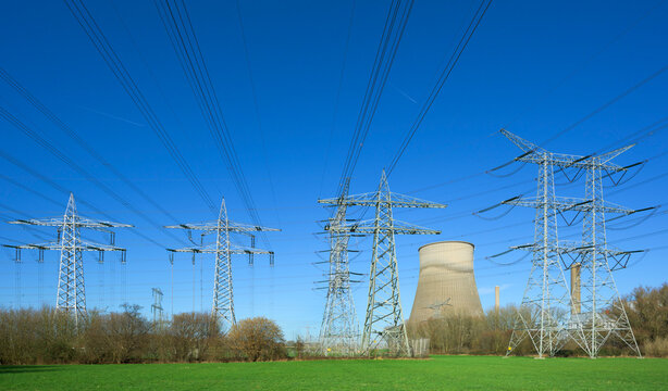 Coal and biomass power plant with power lines in spring in the Netherlands