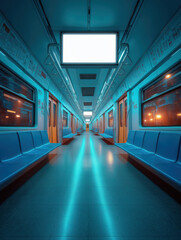 Obraz premium Blank subway billboard mockup in modern train interior, cinematic minimal urban advertising space