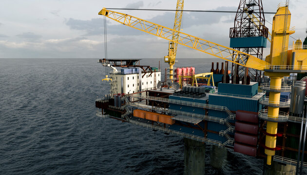Modern offshore oil rig with colorful contrasting equipment at sea