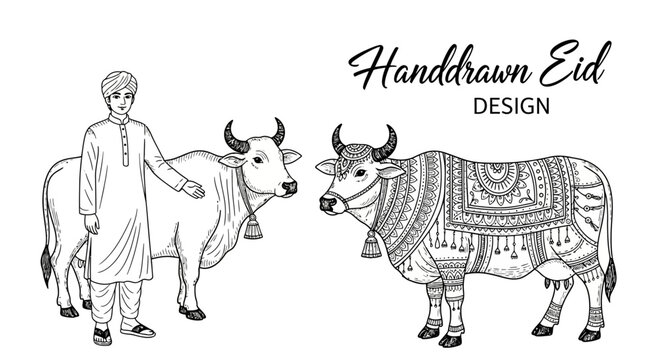 Handdrawn Eid design featuring a man standing beside two decorated cows for Islamic festival