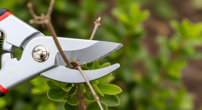 Close-up of gardening secateurs pruning a plant branch, garden maintenance work