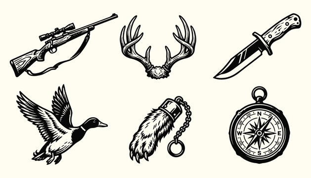 Vintage hunting equipment icons and wilderness adventure elements