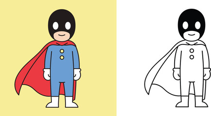 Cute Cartoon Superhero Character with Coloring Page Outline, Brave Boy Hero in Cape and Mask Illustration for Kids Education and Activity Book, Vector Line Art Set Design © MMONIR