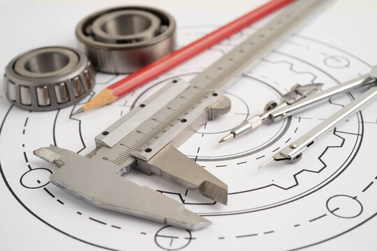 Engineering and precision tools with metal ball bering, mechanical industrial.