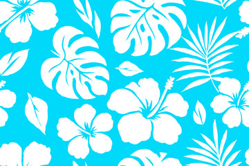 Tropical seamless pattern with white hibiscus flowers and monstera leaves on bright blue background, bold Hawaiian floral seamless pattern design perfect for fabric, summer decor, and prints. © opart
