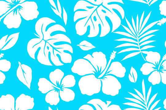 Tropical seamless pattern with white hibiscus flowers and monstera leaves on bright blue background, bold Hawaiian floral seamless pattern design perfect for fabric, summer decor, and prints.