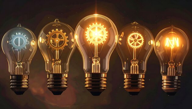 A row of illuminated light bulbs with unique glowing mechanisms