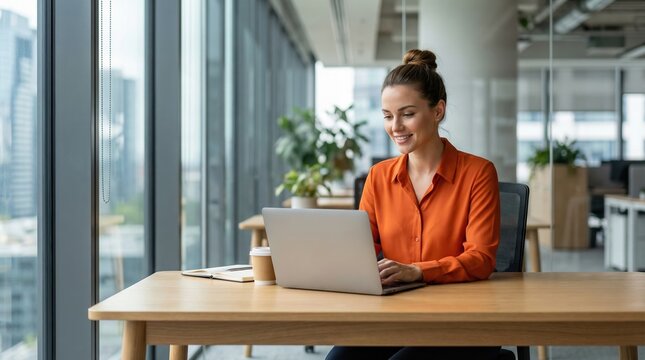 A woman working on her laptop in a modern office with a city view
