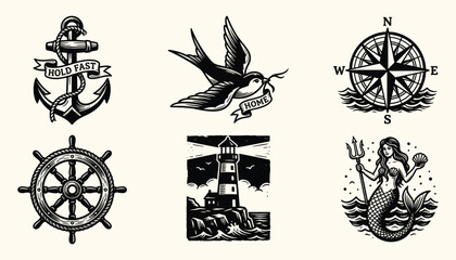 Vintage Nautical Tattoo Flash Art Set featuring Anchor Swallow Compass Wheel Lighthouse and Mermaid Illustrations © 777SKYLABS