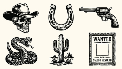 Wild West Vintage Illustrations Set of Cowboy Skull Horseshoe Revolver Rattlesnake Cactus and Wanted Poster © 777SKYLABS