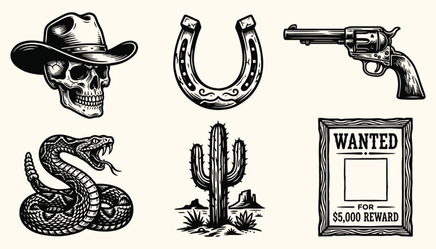 Wild West Vintage Illustrations Set of Cowboy Skull Horseshoe Revolver Rattlesnake Cactus and Wanted Poster