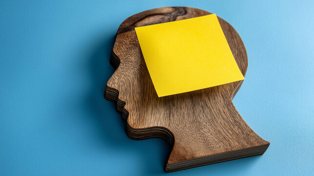 Wooden outline of a human head with a yellow sticky note reading reframing thoughts on a blue background, cognitive therapy concept, positive mindset visualization, mental