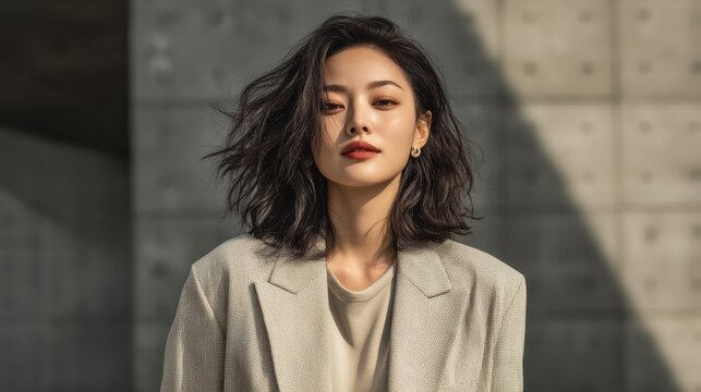 This gorgeous woman's portrait showcases a blend of elegance and modern fashion against a textured backdrop.
