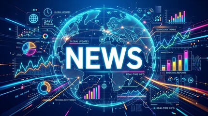 Naklejka premium A futuristic graphic illustration displays a globe with the word NEWS surrounded by various charts and graphs in a dark blue background with neon lights.