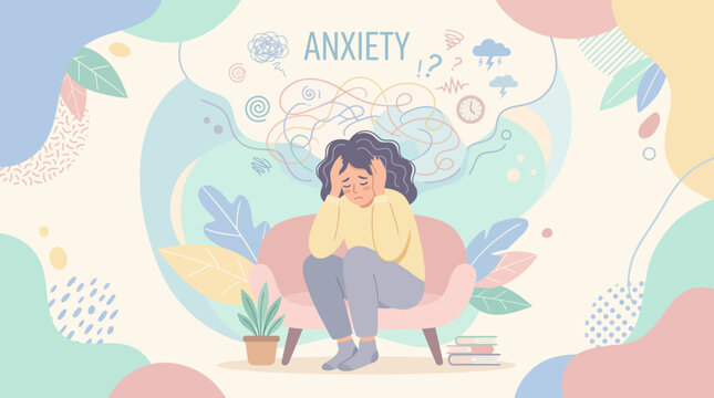 Illustration of a person experiencing anxiety and worry in a pastel scene.