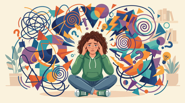 Stressed woman sitting cross-legged amid chaotic colorful abstract thoughts.