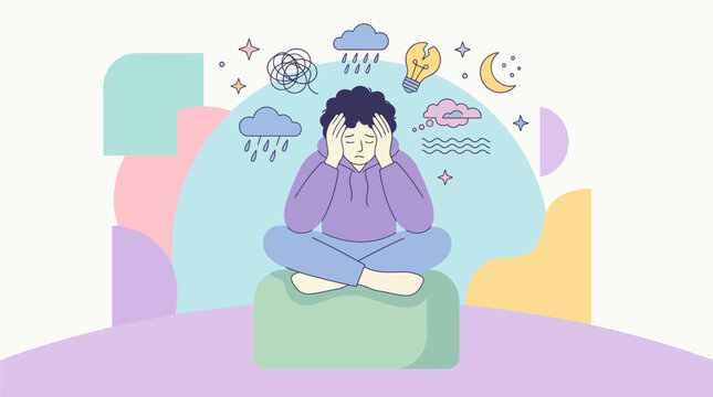 Person meditating amid intrusive thoughts and anxious emotions.
